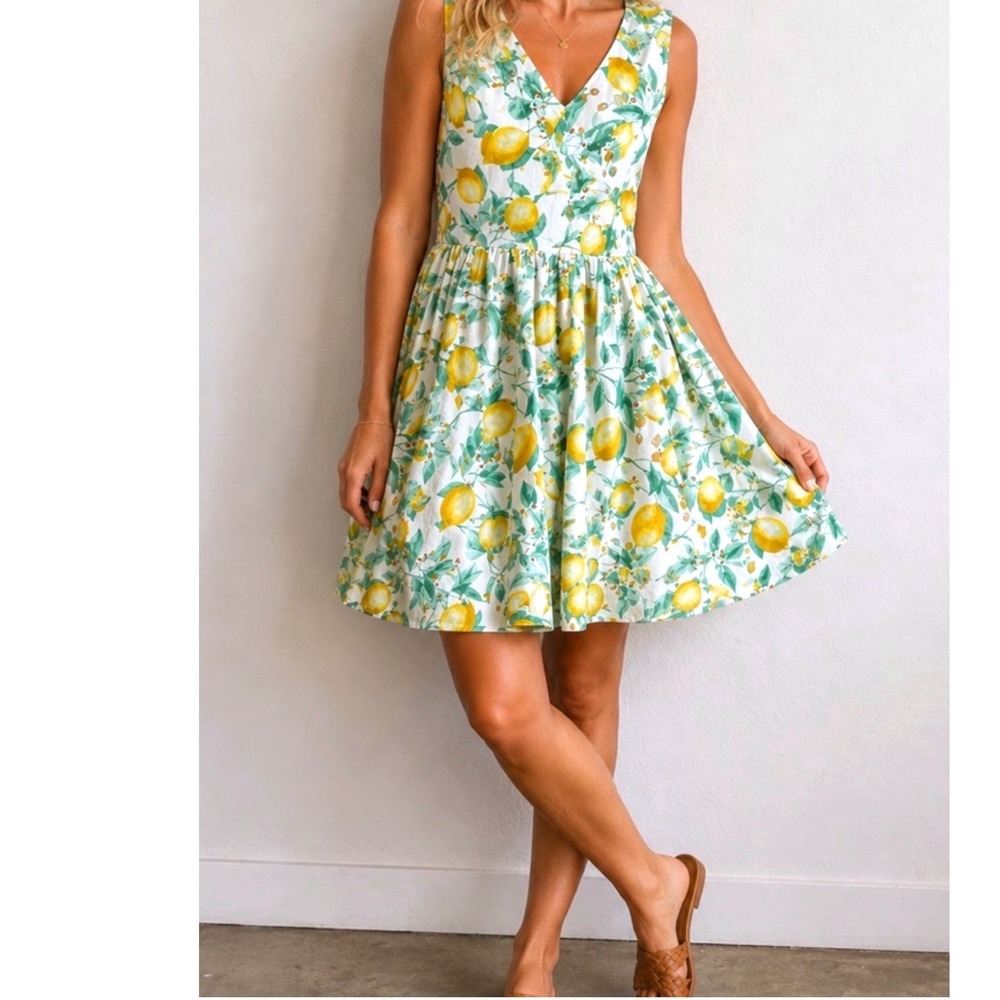 ELLE Lemon Leaf Print Stretch Cotton Cross Back Fit and Flare Summer Mini Dress6